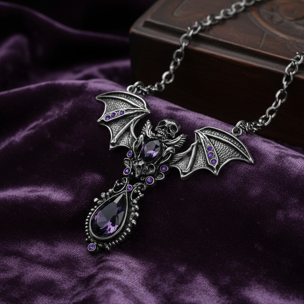 Gothic Skull & Bat Pendant - Stainless Steel - Amethyst Purple Gems