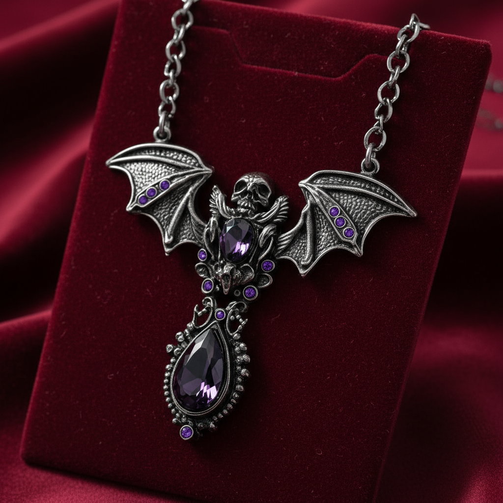 Gothic Skull & Bat Pendant - Stainless Steel - Amethyst Purple Gems