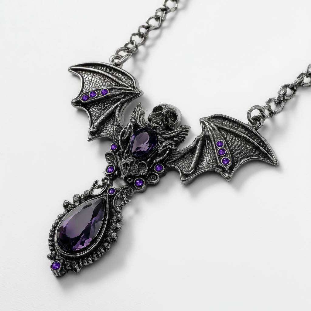 Gothic Skull &amp; Bat Pendant - Stainless Steel - Amethyst Purple Gems