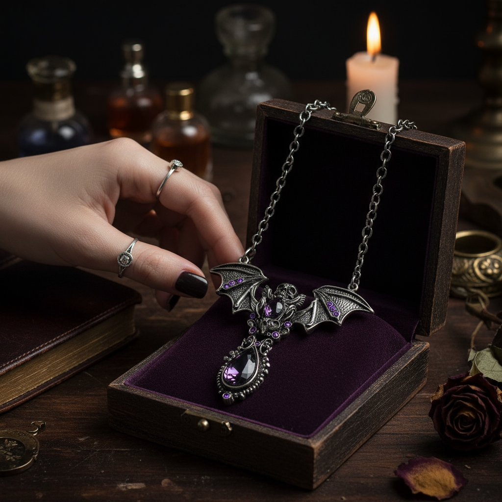 Gothic Skull & Bat Pendant - Stainless Steel - Amethyst Purple Gems