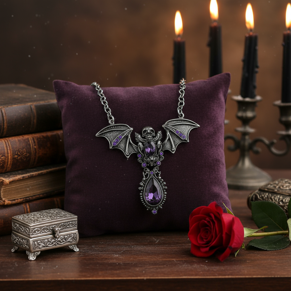 Gothic Skull & Bat Pendant - Stainless Steel - Amethyst Purple Gems
