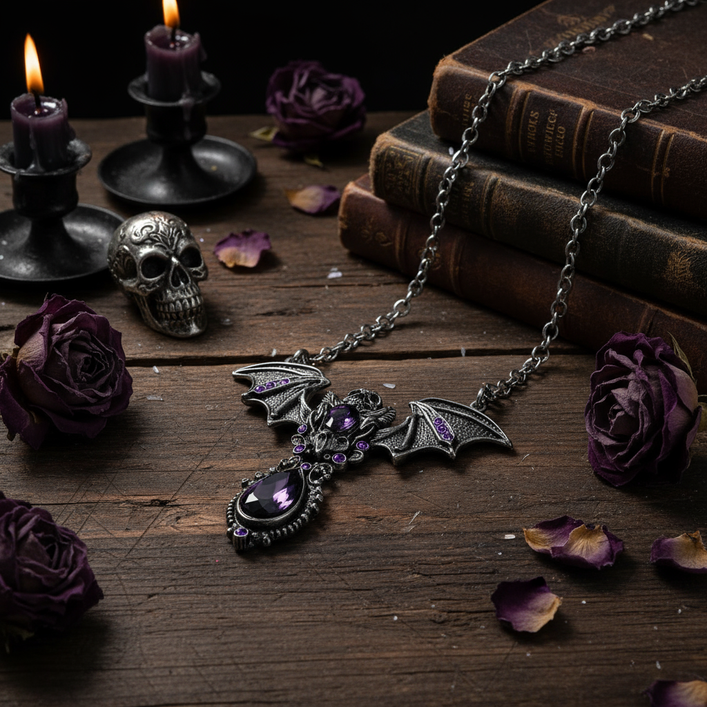 Gothic Skull & Bat Pendant - Stainless Steel - Amethyst Purple Gems