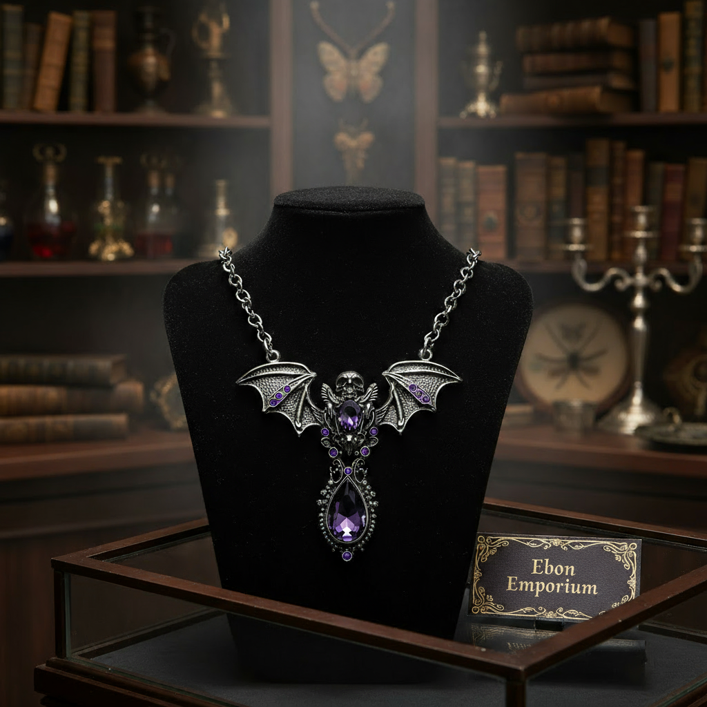Gothic Skull & Bat Pendant - Stainless Steel - Amethyst Purple Gems