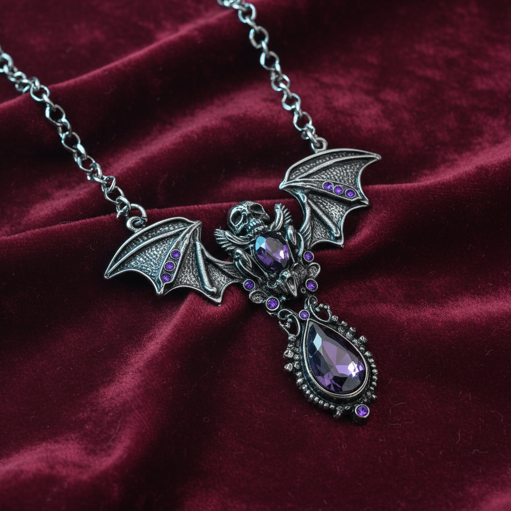 Gothic Skull & Bat Pendant - Stainless Steel - Amethyst Purple Gems