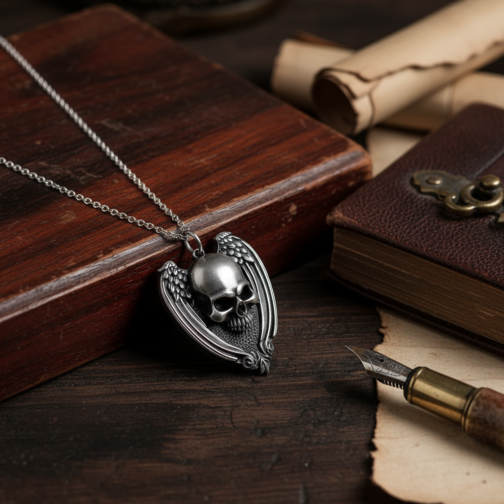 Gothic Skull & Angel Wings Pendant - Stainless Steel