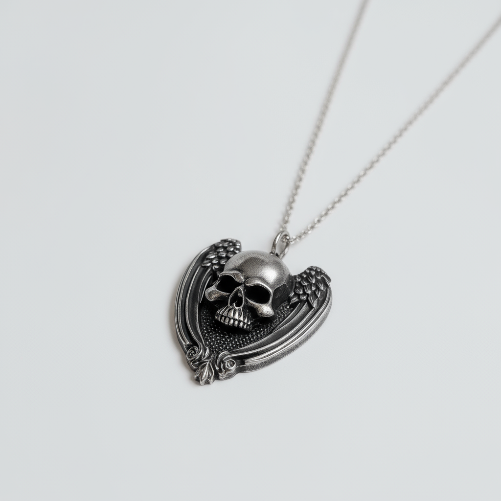 Gothic Skull & Angel Wings Pendant - Stainless Steel