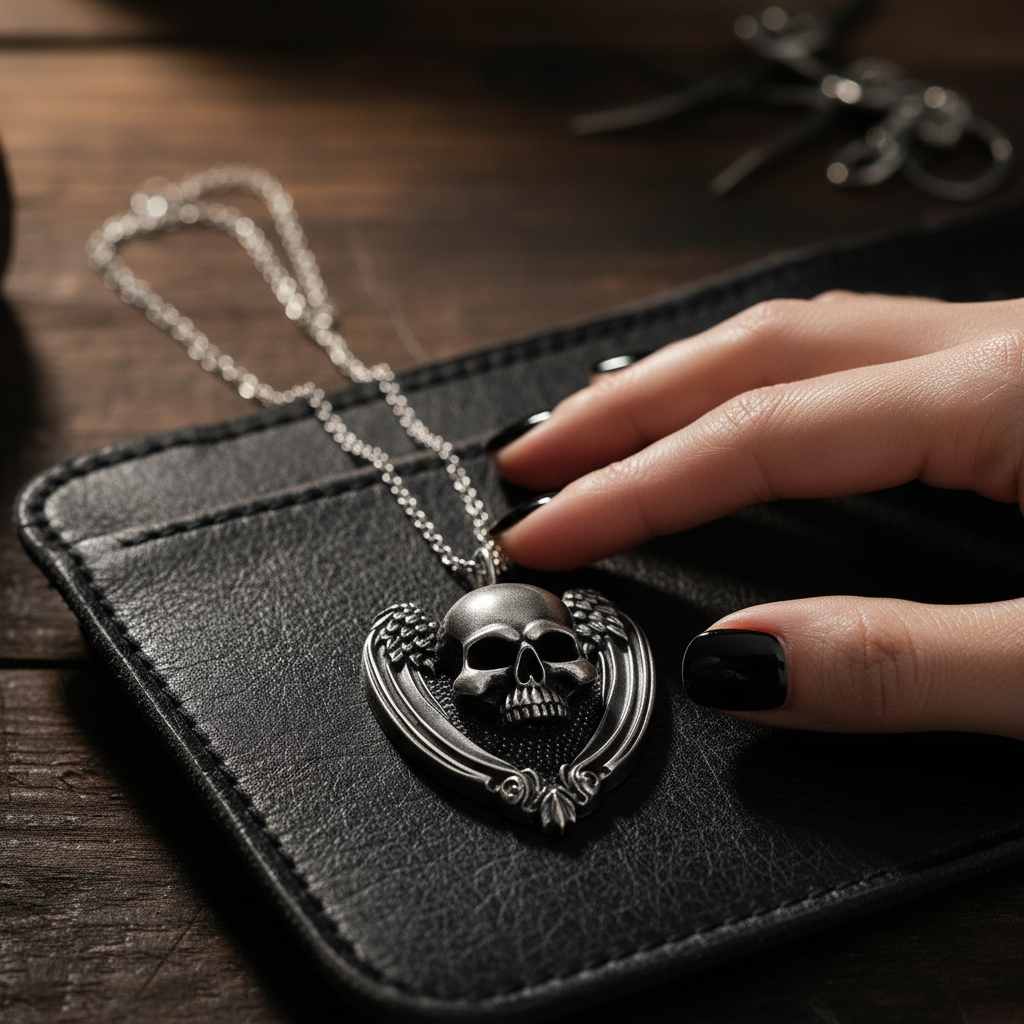 Gothic Skull & Angel Wings Pendant - Stainless Steel