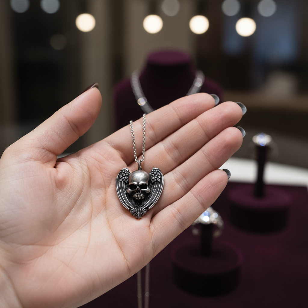 Gothic Skull & Angel Wings Pendant - Stainless Steel