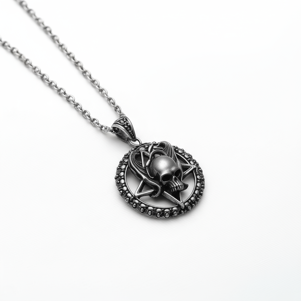 Gothic Pentagram, Skull &amp; Angel Wings Pendant - Stainless Steel