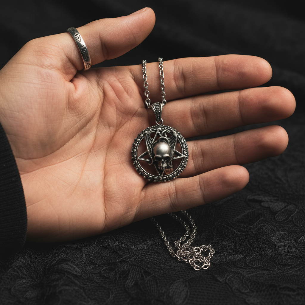 Gothic Pentagram, Skull & Angel Wings Pendant - Stainless Steel