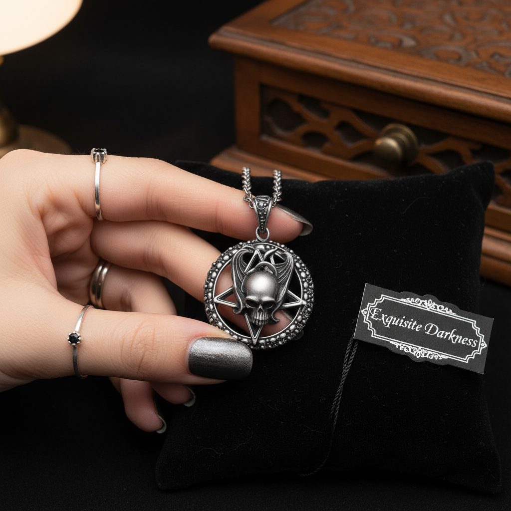 Gothic Pentagram, Skull & Angel Wings Pendant - Stainless Steel