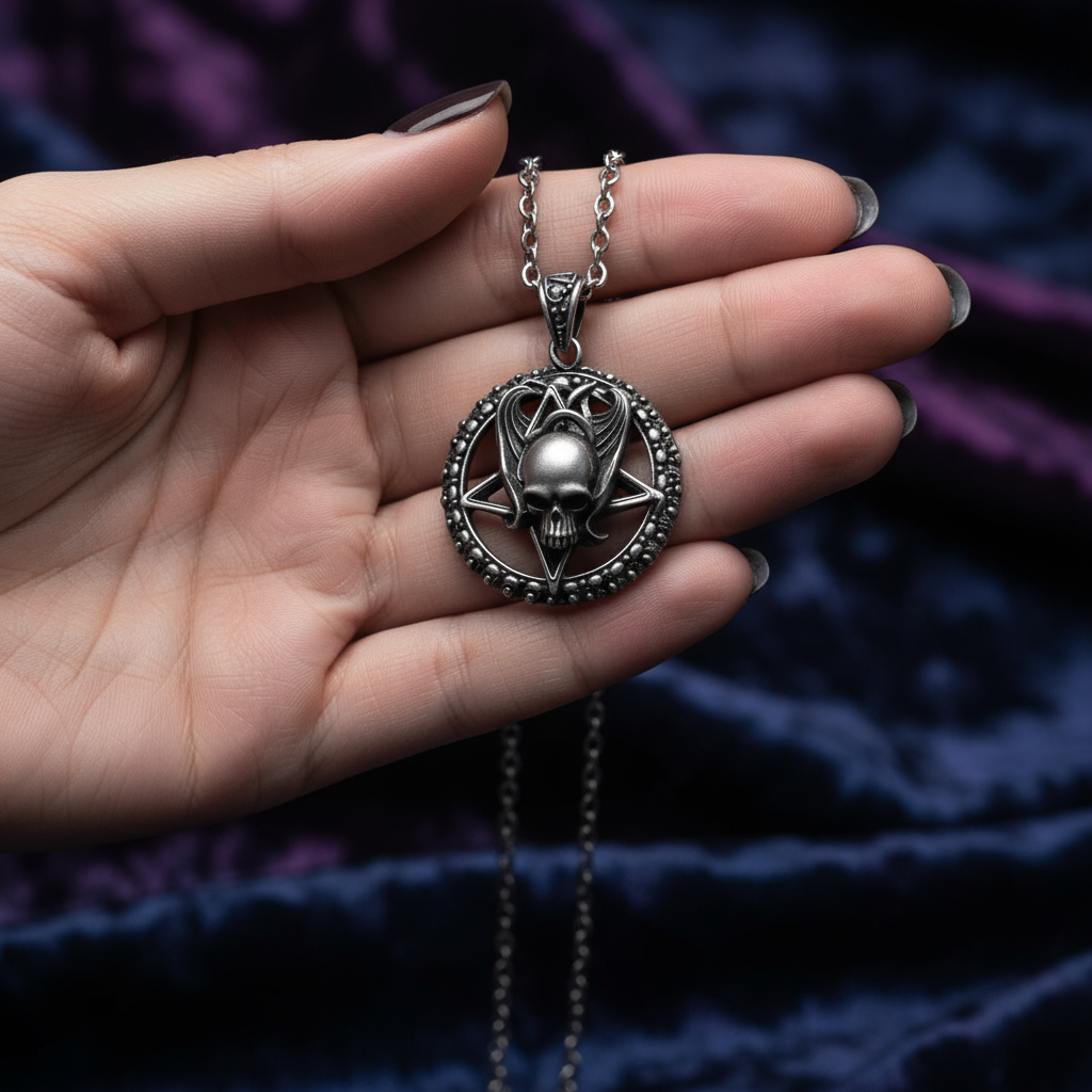 Gothic Pentagram, Skull & Angel Wings Pendant - Stainless Steel