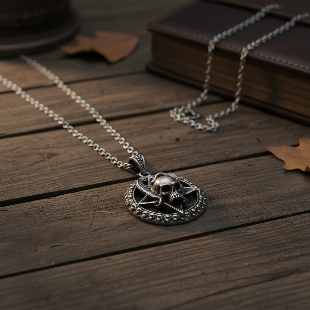 Gothic Pentagram, Skull & Angel Wings Pendant - Stainless Steel