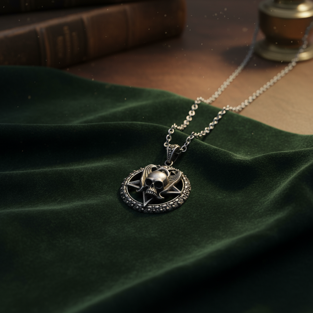 Gothic Pentagram, Skull & Angel Wings Pendant - Stainless Steel