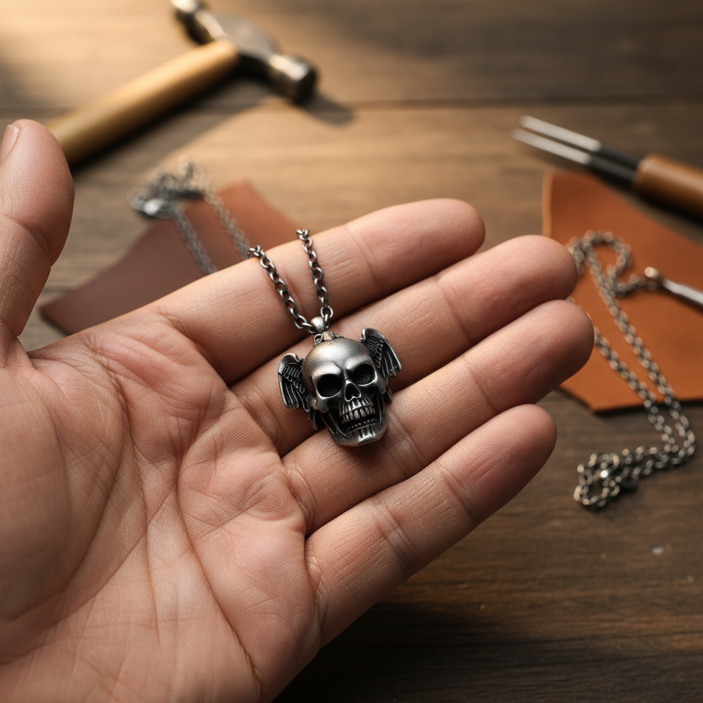 Gothic Skull With Wings Pendant - Stainless Steel