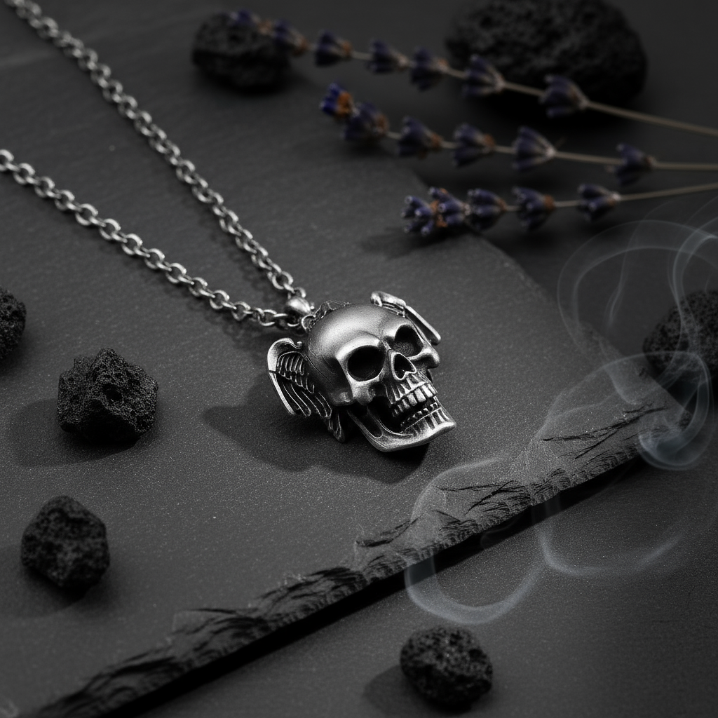 Gothic Skull With Wings Pendant - Stainless Steel