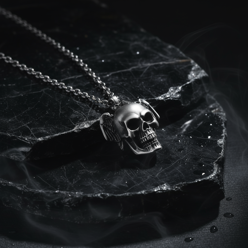 Gothic Skull With Wings Pendant - Stainless Steel